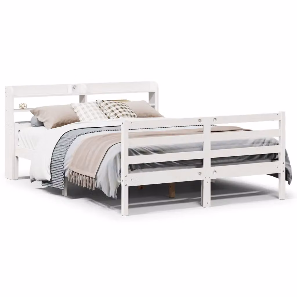 Berkfield Home Double Bed Frame with Headboard in White, W: 135 cm, L: 190 cm – 2