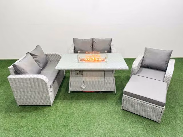 Fimous High Back Poly Rattan Garden Furniture Set in Light Grey with Reclining Chair, Loveseat Sofa, Firepit Dining Table and Big Stool