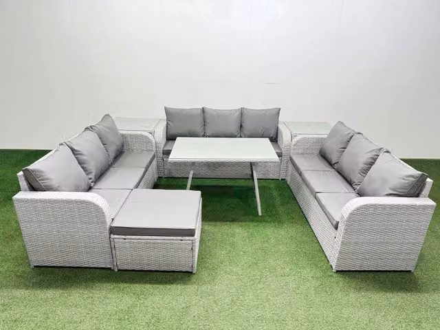 Fimous 10 Seat PE Rattan Garden Furniture Set with 2 Side Tables and Large Stool in Light Grey