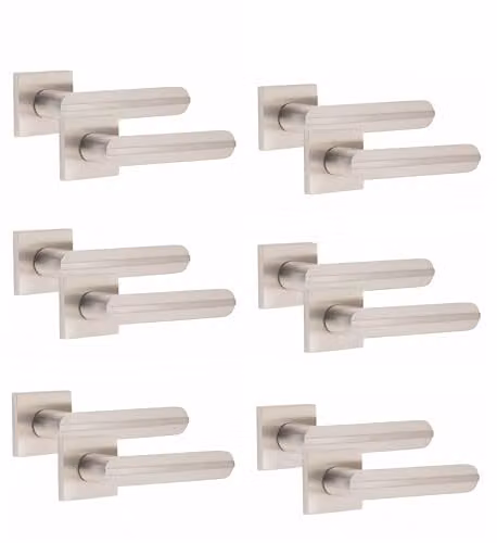 Golden Grace Lima Door Handles with Square Rosette, 6 Pairs, Brushed Silver Nickel