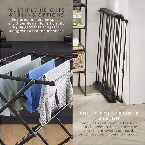 Swan Stealth Ultra-Compact 3 Tier Concertina Airer in Black with 10m Drying Space and Foldable Design – 3
