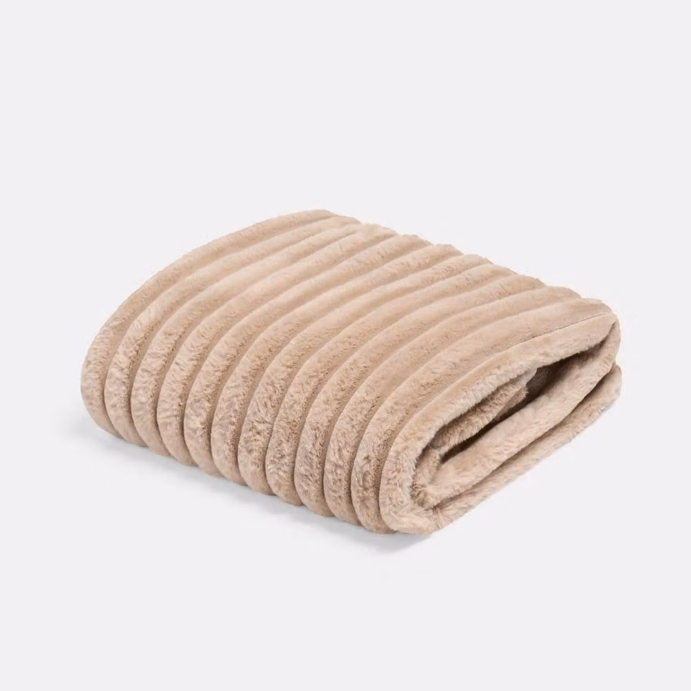 OHS Faux Fur Ribbed Fleece Throw Blanket in Taupe, W: 150 cm, D: 200 cm – 3
