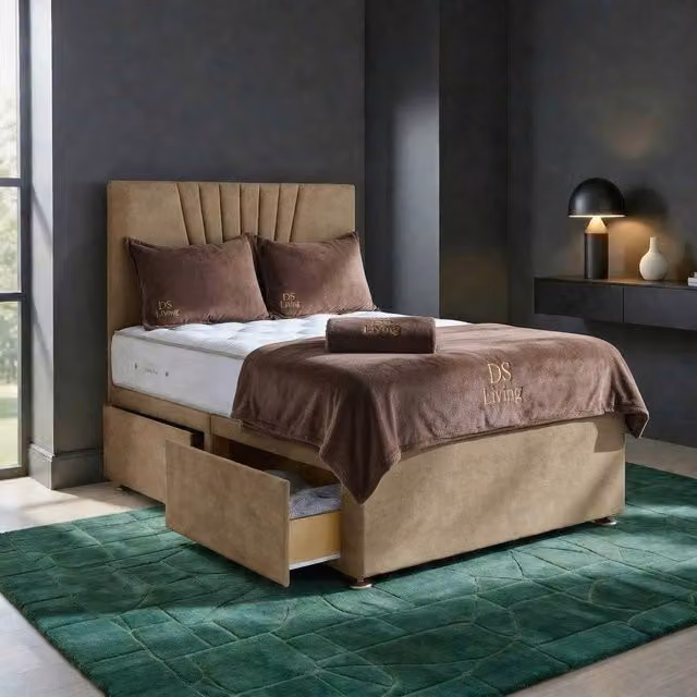 DS Living Elysian Upholstered Drawer Storage Bed Frame in Beige, W/D/H: 200 x 200 cm – 1