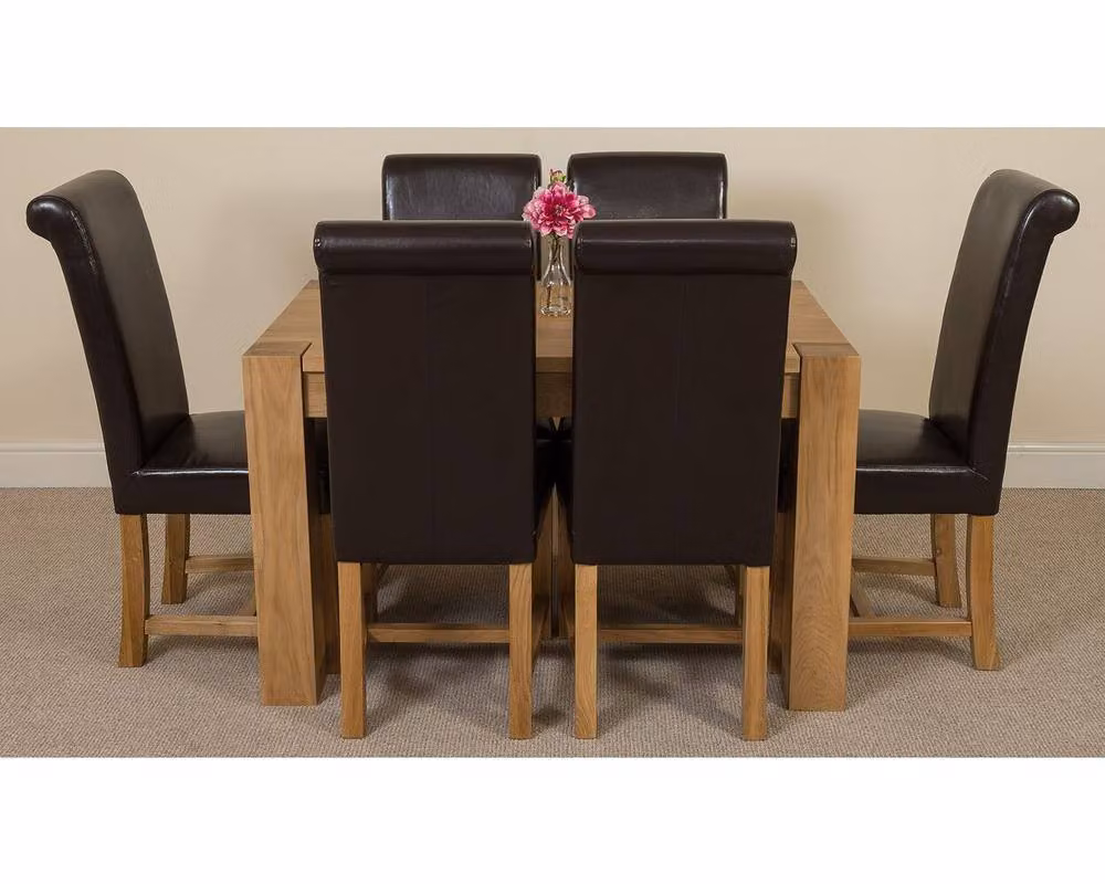 Thats Furniture Kuba Solid Oak Dining Table and 6 Washington Brown Leather Chairs Set, W: 180 cm, D: 90 cm – 6