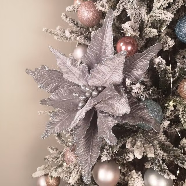 Samuel Alexander Silver Velvet Poinsettia Stem Christmas Decoration with 2 Flowers, Height: 68 cm