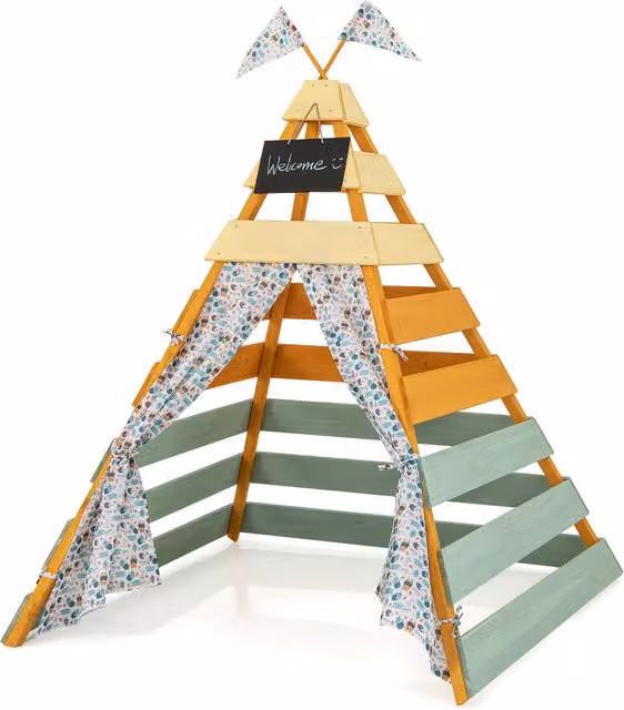 Costway Yellow Wooden Outdoor Playhouse Teepee Tent for Kids