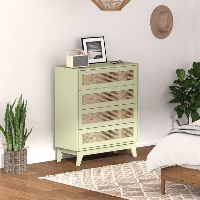 HOMCOM 4 Drawer Chest of Drawers with Rattan Element in Light Green – 1