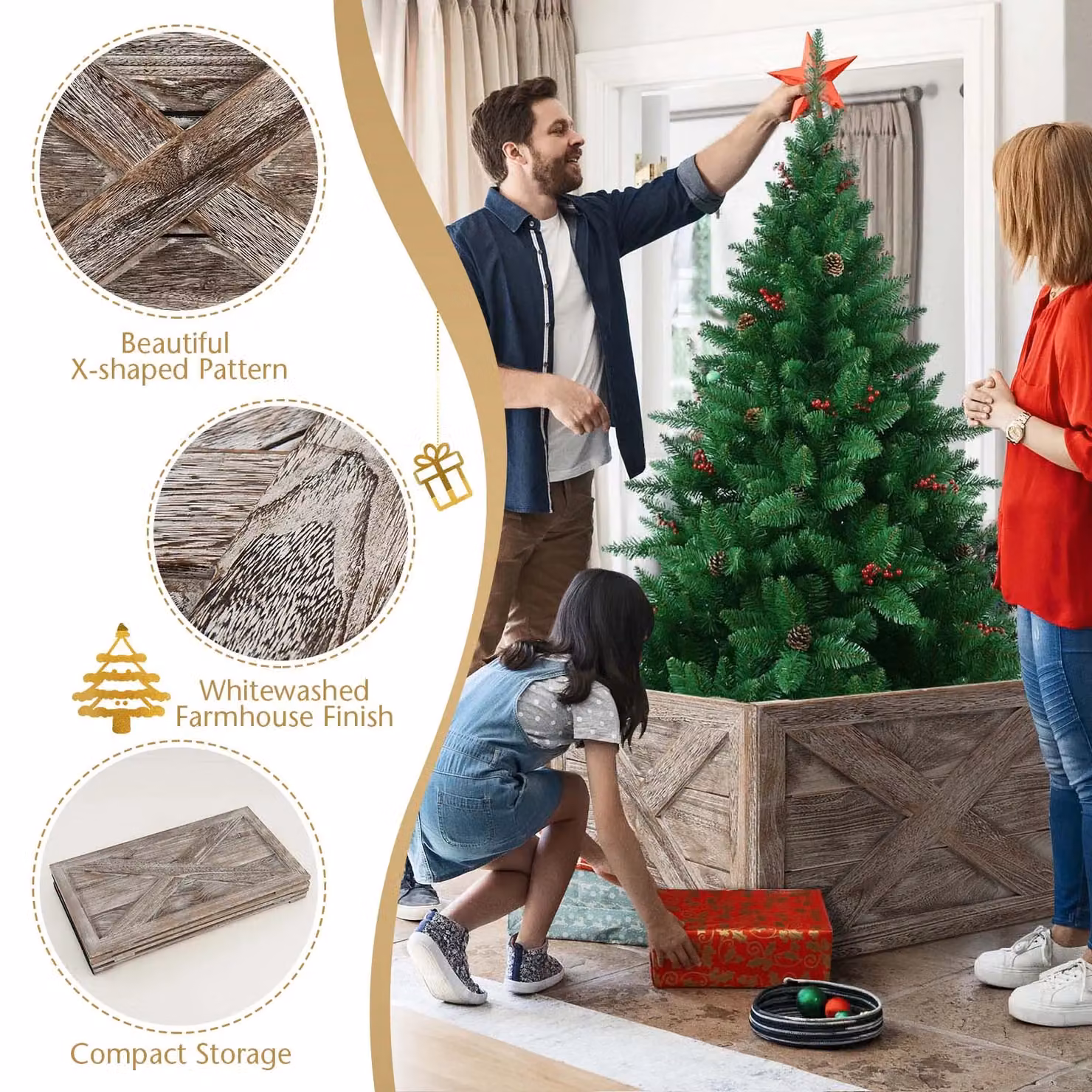 Costway Vintage Christmas Tree Collar Box in Dark Grey, Solid Wood Tree Stand Cover with Hook and Loop Fastener – 3