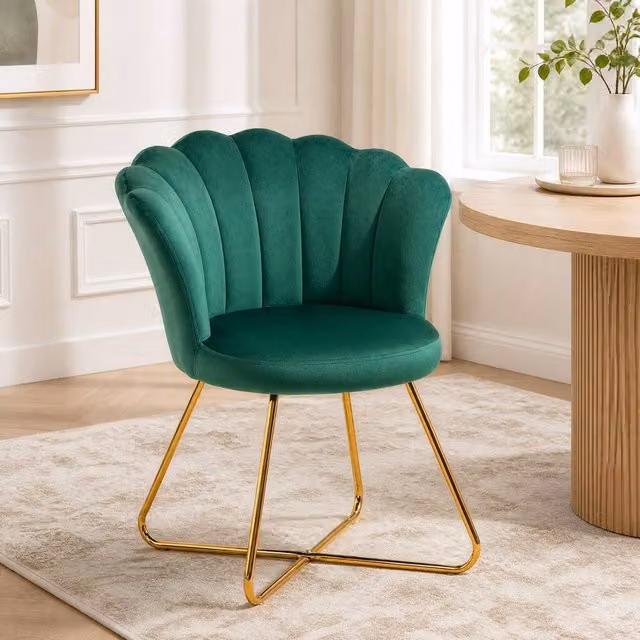 STILVORA Art Deco Accent Chair with Scalloped Shell Back in Green Velvet and Metal Frame – 1