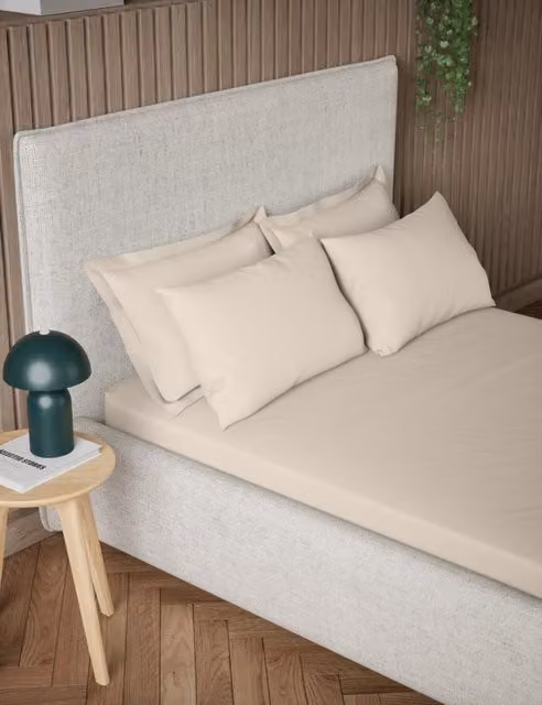 M&S Pure Cotton 300 Thread Count Fitted Sheet, Beige, 200 x 200 cm