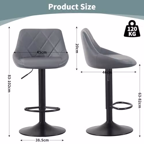 mcc direct Stanley Set of 2 Grey Faux Leather Swivel Bar Stools with Backrest and Metal Base – 3