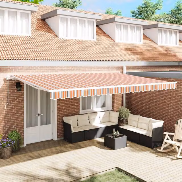 Berkfield Home Manual Retractable Wall-Mounted Awning with Multicolour Beige and Orange Striped Acrylic Fabric, W: 500 cm, D: 300 cm – 1