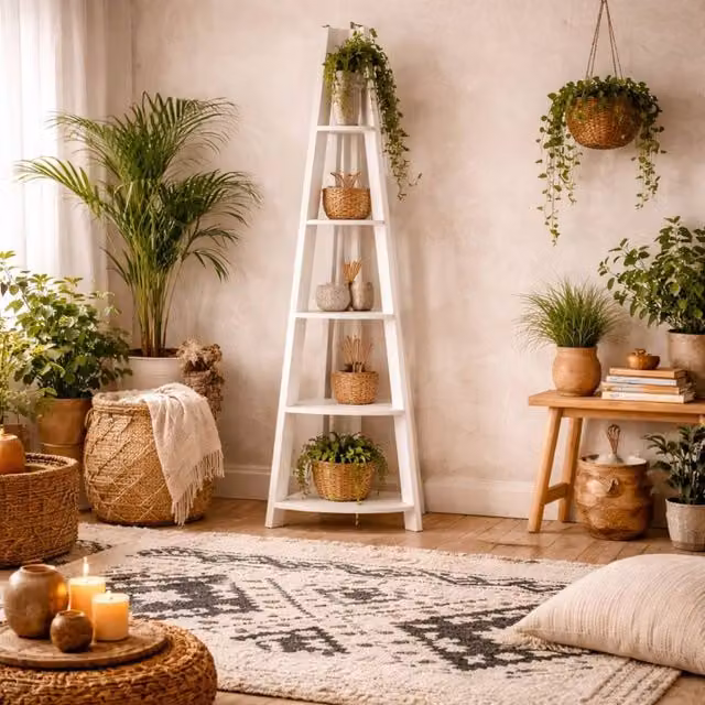 Wyld Haus Athy White Wooden Corner Ladder Shelving Unit with 5 Shelves, H 175.4 x W 38.6 x D 38.6 cm – 1