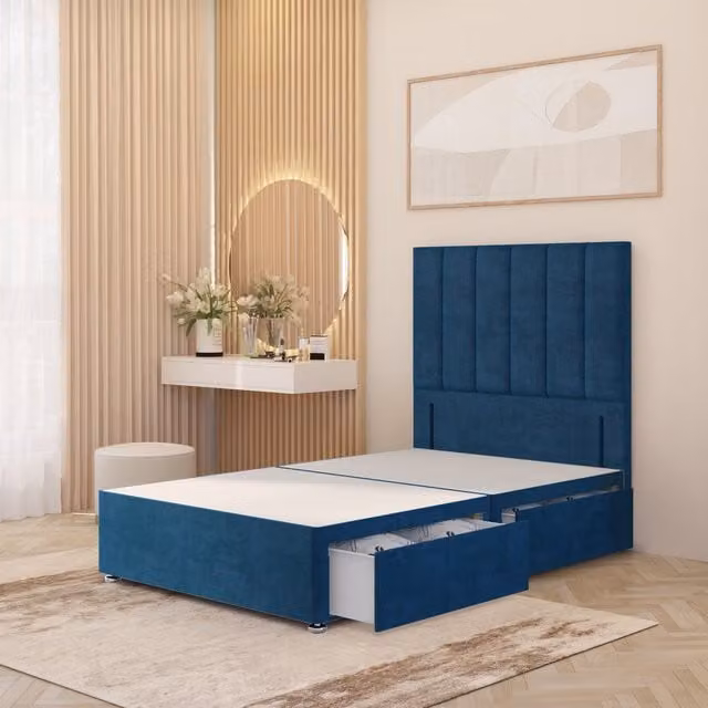 Somnior Beds Ltd Modern Blue Velvet Upholstered Divan Bed Base with Drawers, W/D/H: 180 x 200 x 34.5 cm