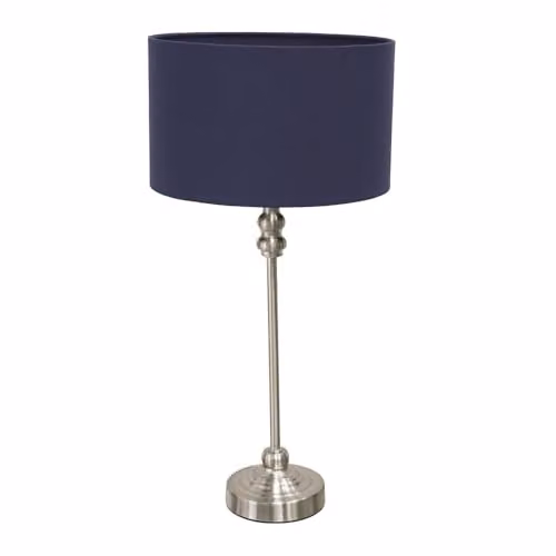 ValueLights Maggie Brushed Chrome Metal Candlestick Table Lamp with Navy Blue Fabric Drum Shade – 1