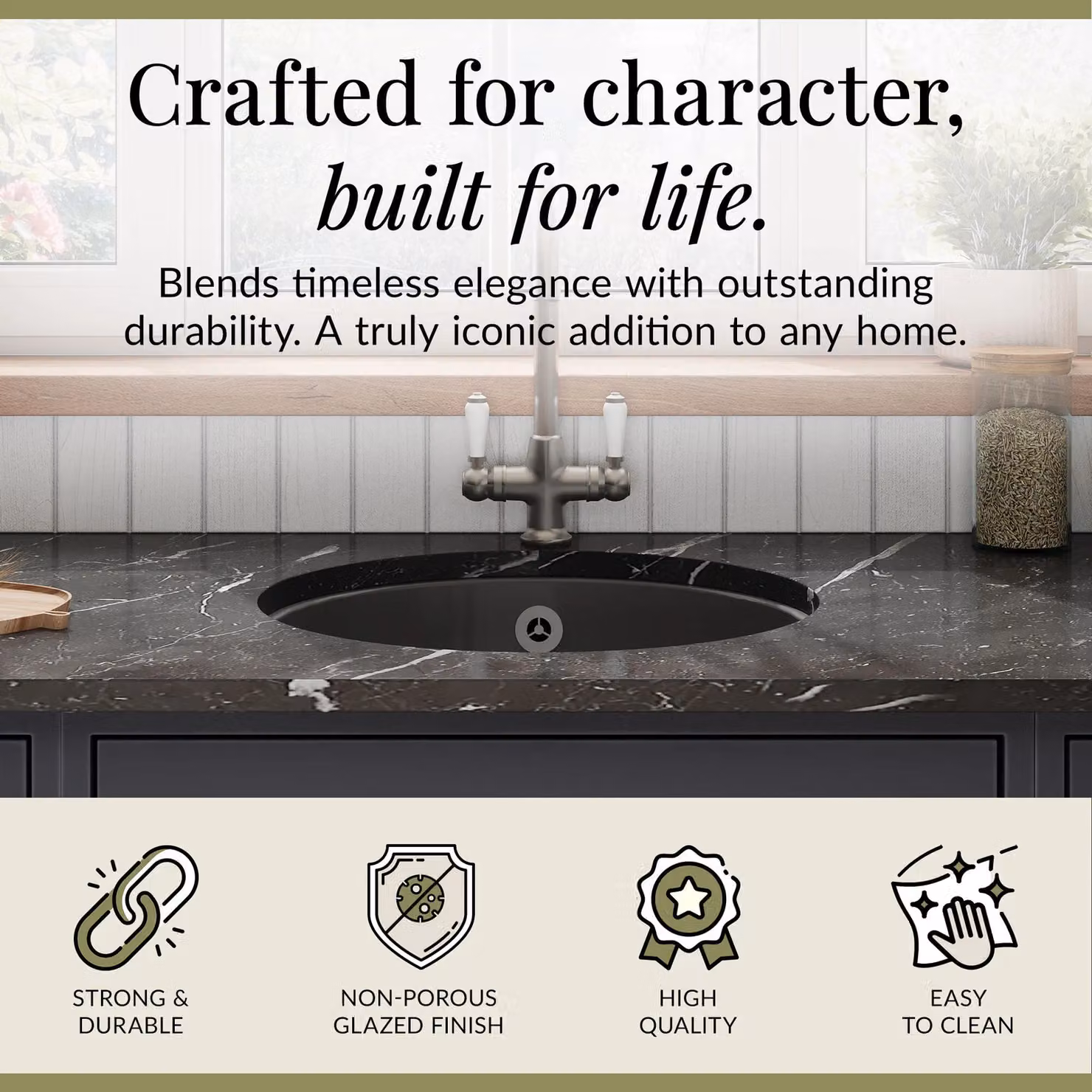 Balterley Ceramic Undermount 1 Bowl Kitchen Sink with Overflow, Dark Grey, W: 46.0 cm, D: 19.2 cm – 2