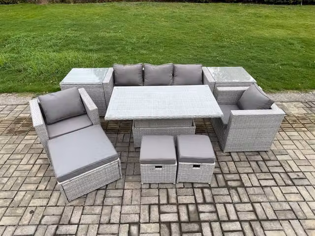 Fimous Rattan Outdoor Garden Furniture Set with Height Adjustable Lifting Table and 2 Armchairs in Light Grey