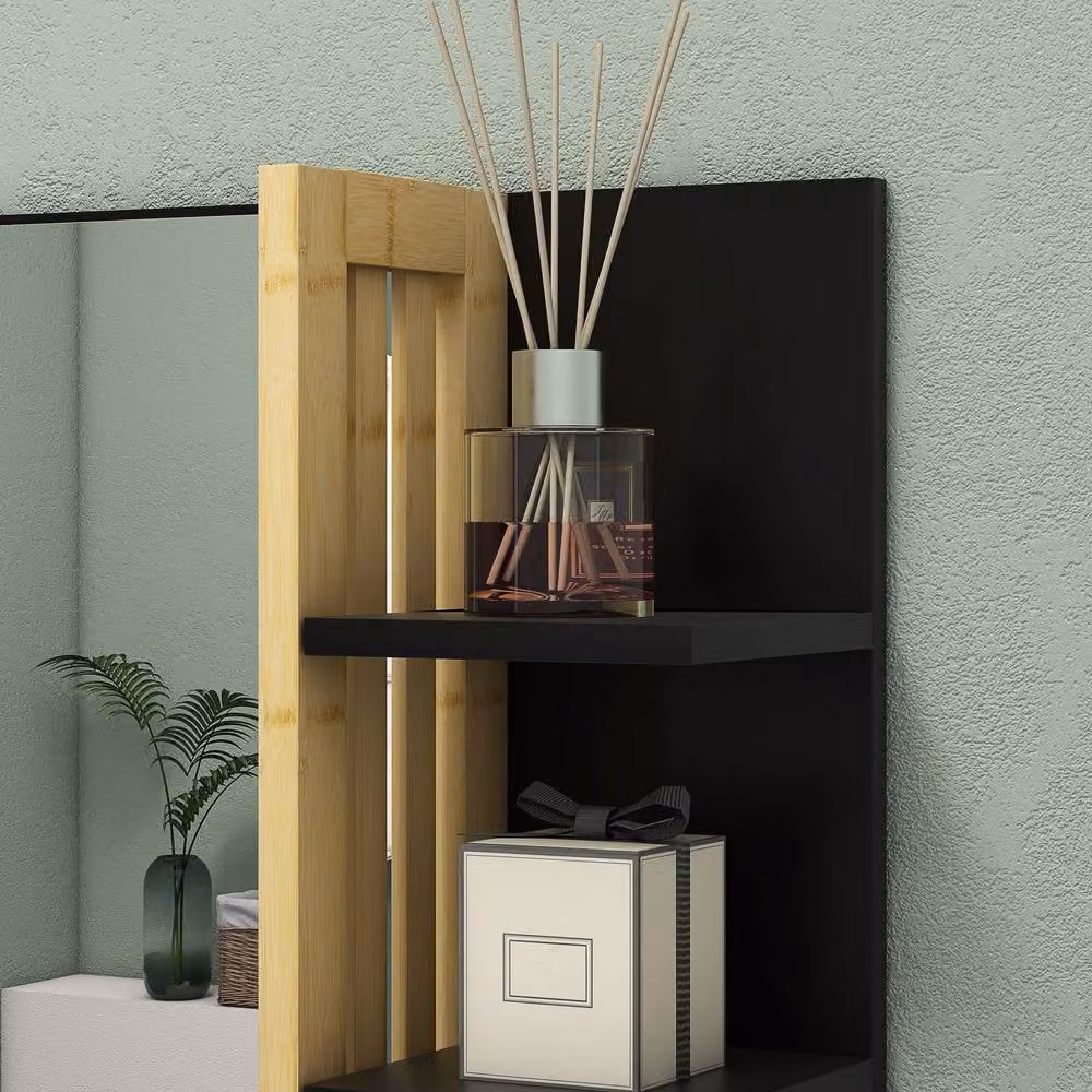 STILVORA Black Wall Mounted Bathroom Mirror with Bamboo Shelves – 5