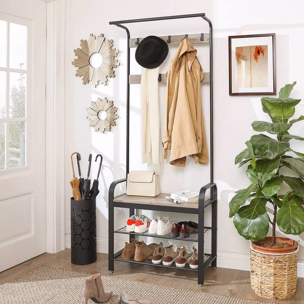 Kelvenix Rustic Hall Tree Coat Stand with Bench in Matt Black – 5