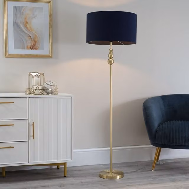 ValueLights Marissa Brushed Gold Floor Lamp with Navy Blue Fabric Drum Shade