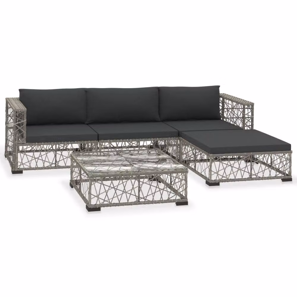 Berkfield Home 5 Piece Grey Poly Rattan Garden Lounge Set with Cushions, Ottoman and Coffee Table – 2