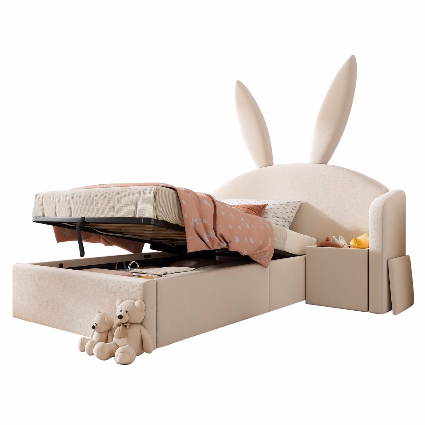 Aosom UK Bunny Ears Childrens Single Bed with Hydraulic Lift Storage, Plush Velvet Bed Frame in Beige, L: 206 cm, W: 149 cm, H: 143 cm – 2