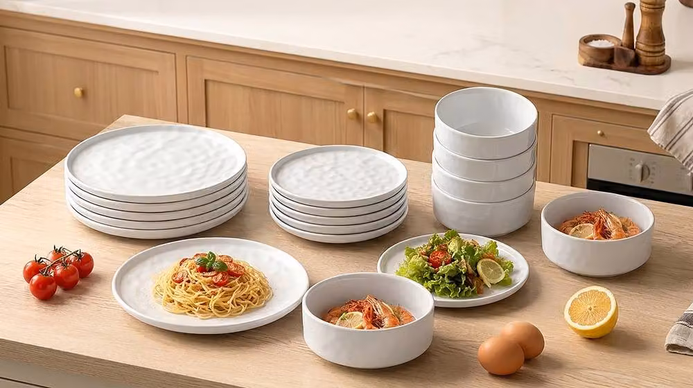 Simpa Artisan Hammered Range 12-Piece White and Grey Stoneware Dinner Set – 3