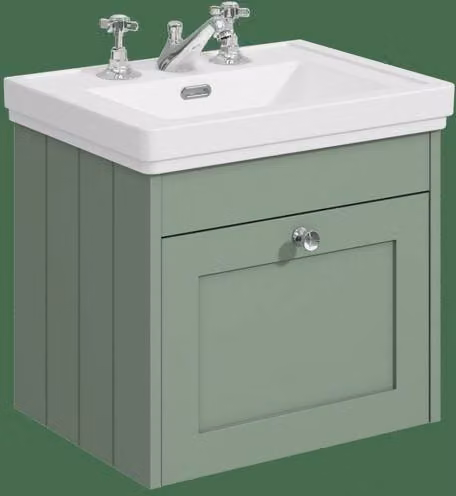 Balterley 500mm Wall Hung 1 Drawer Unit and Classic 3 Tap Hole Basin in Satin Green
