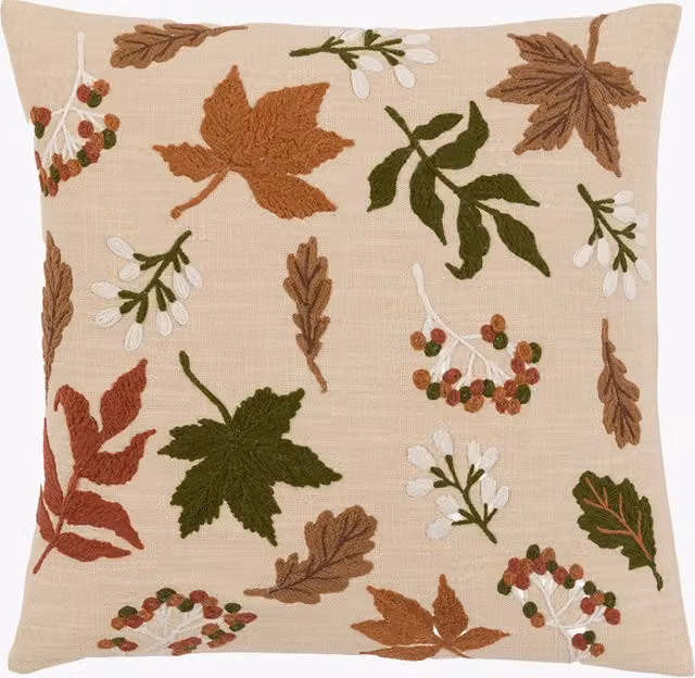 Perch & Parrow Beige Square Autumnal Embroidered Leaves Cushion
