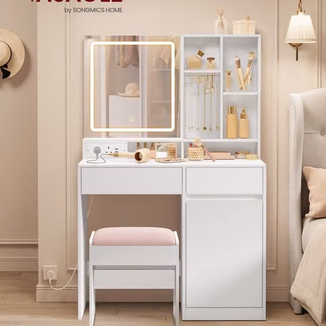 VASAGLE Modern White Hollywood LED Vanity Desk with Mirror and Height Adjustable Dressing Table
