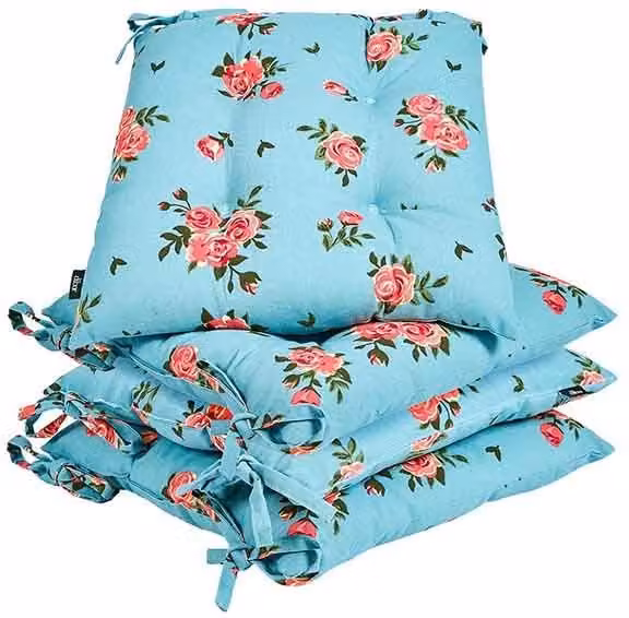 Dibor Set of 4 Floral Blue and Pink Quilted Outdoor Garden Chair Seat Cushions, W/D: 40 x 40 cm