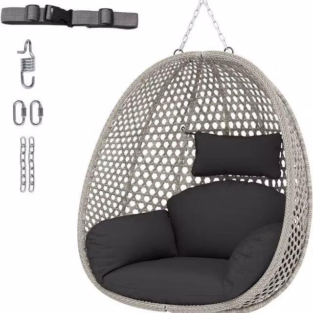 Costway Hanging Egg Chair in Grey with Metal and Rattan Frame