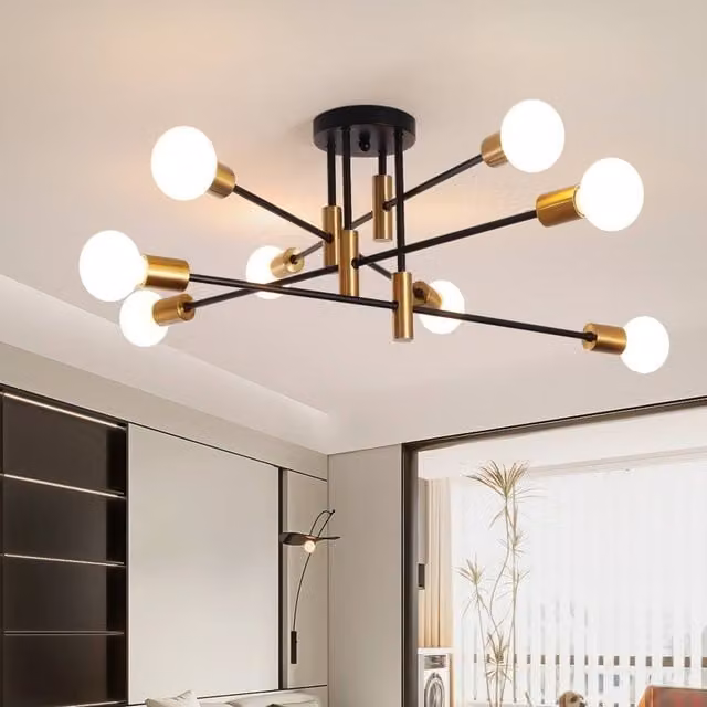 NIVOR 8-Light Sputnik Semi Flush Mount Ceiling Light in Black and Gold/Brass with E27 Bulbs