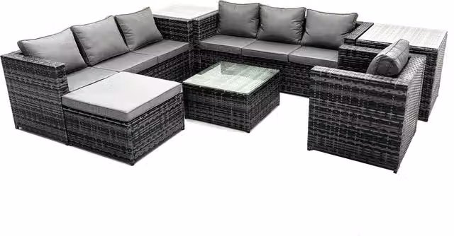 Fimous 8-Seater PE Rattan Garden Sofa Set in Dark Grey with U-Shape Design and Fabric Cushions