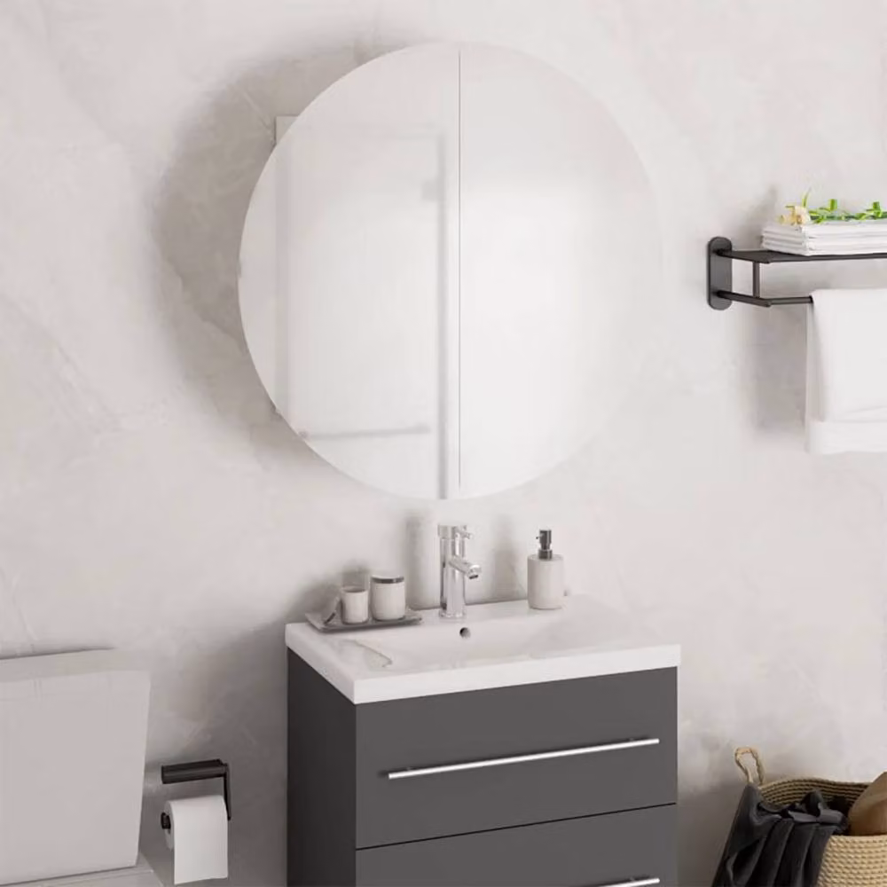 Berkfield Home Beautiful White Bathroom Cabinet with Round LED Mirror, W/D/H: 47 x 47 x 17.5 cm – 2