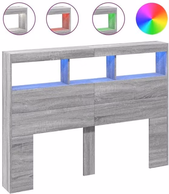 Berkfield Home Modern Wall Mount Headboard Cabinet with LED Lighting and USB Charging Port in Grey Sonoma, W: 140 cm, D: 17 cm, H: 102 cm