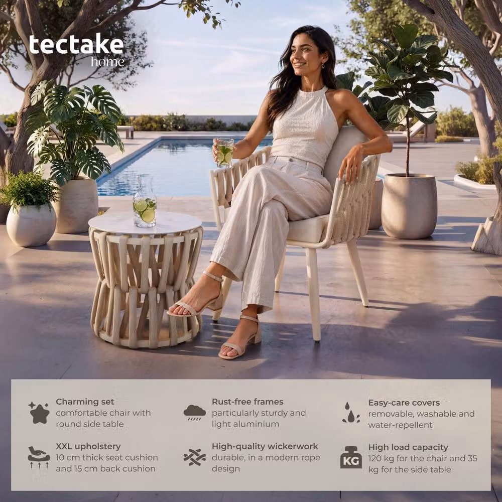 tectake Lugano Modern Garden Lounge Set with Powder Coated Aluminium Frame and Upholstered Cushions in Beige and White – 2
