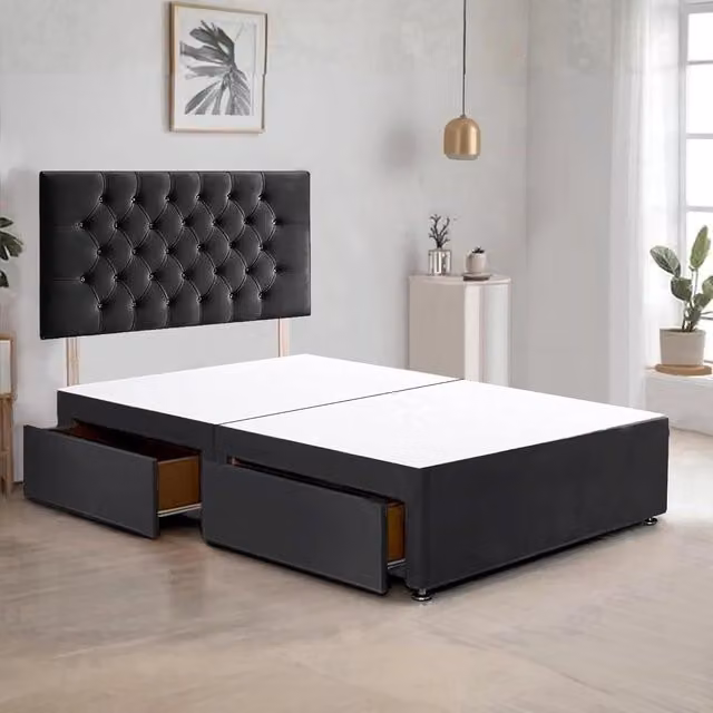 Bed Time UK Plush Velvet Divan Bed Frame with 2 Drawers and Chesterfield Headboard in Black, W/D/H: 140 x 200 cm