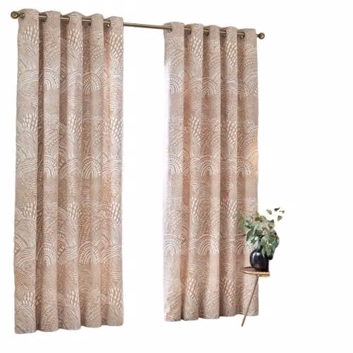 HOEM Nola Abstract Geometric Room Darkening Eyelet Curtains in Beige, W: 168 cm, H: 137 cm
