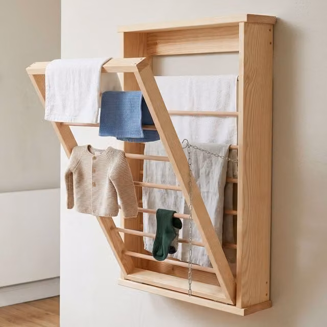 Novecrafto Wall Mounted Wooden Clothes Drying Rack in Brown, Foldable with Double Side Rails, W: 50 cm, H: 80 cm
