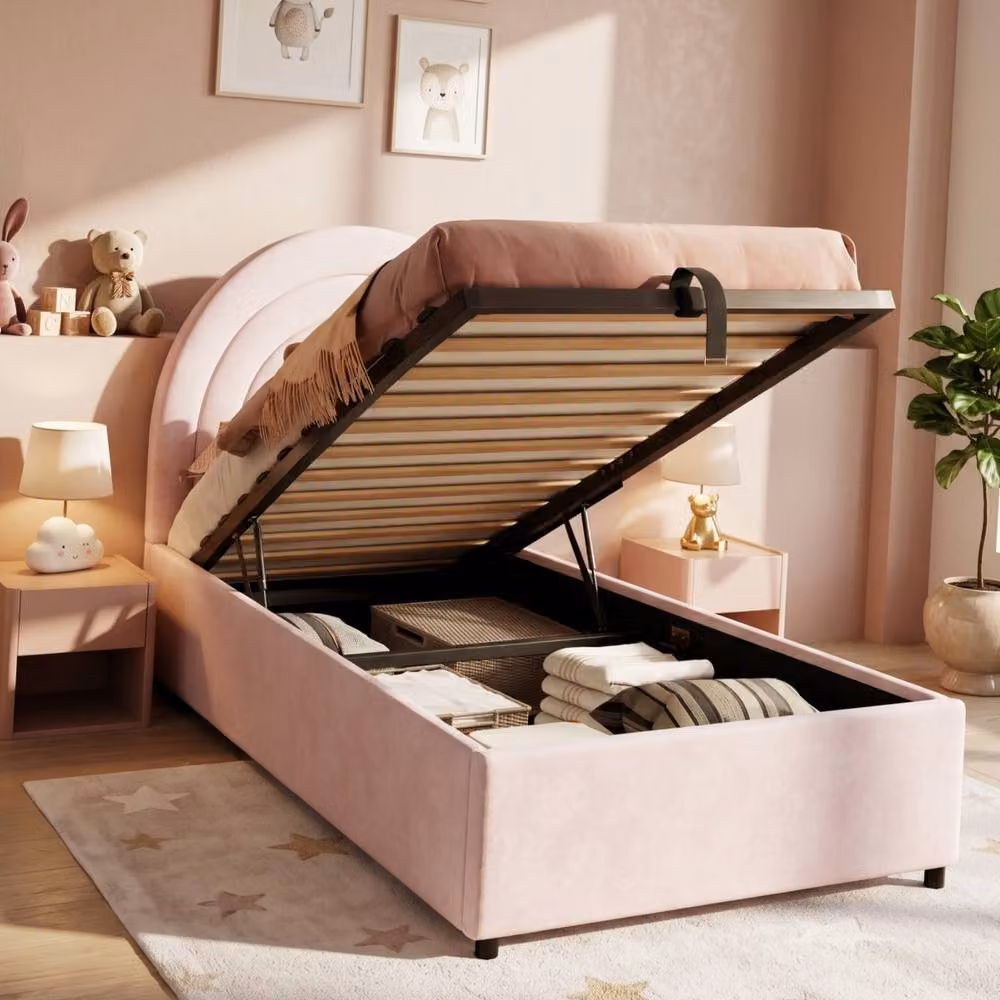 Rolipo Pink Velvet Upholstered Childrens Bed with Lift Up Base, W/D/H: 90 x 190 cm – 2