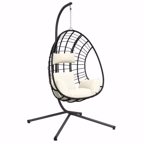 vidaXL Hanging Egg Chair with Stand in Beige Rattan and Powder Coated Steel with Cushions