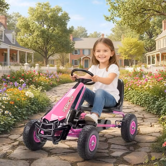 AIYAPLAY Kids Pedal Go Kart with Adjustable Seat and EVA Foam Tyres in Pink
