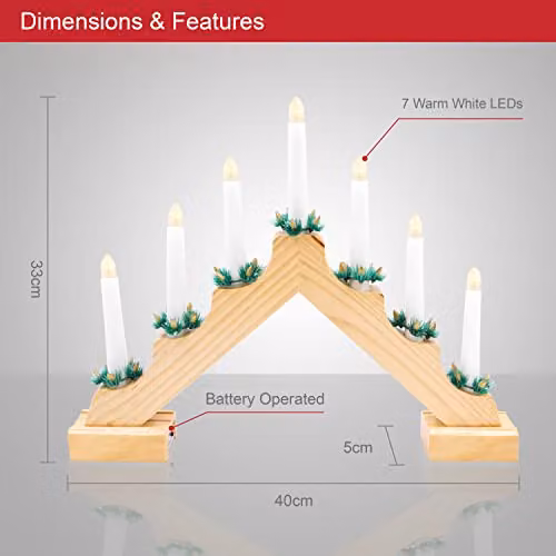 The Christmas Workshop 89470 Wooden Christmas Candle Bridge in Pine Wood Finish with 7 Warm White LED Lights, W: 40 cm, D: 33 cm, H: 5 cm – 2