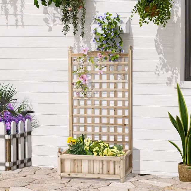 Outsunny Wooden Raised Garden Bed with Trellis Planter Box in Brown