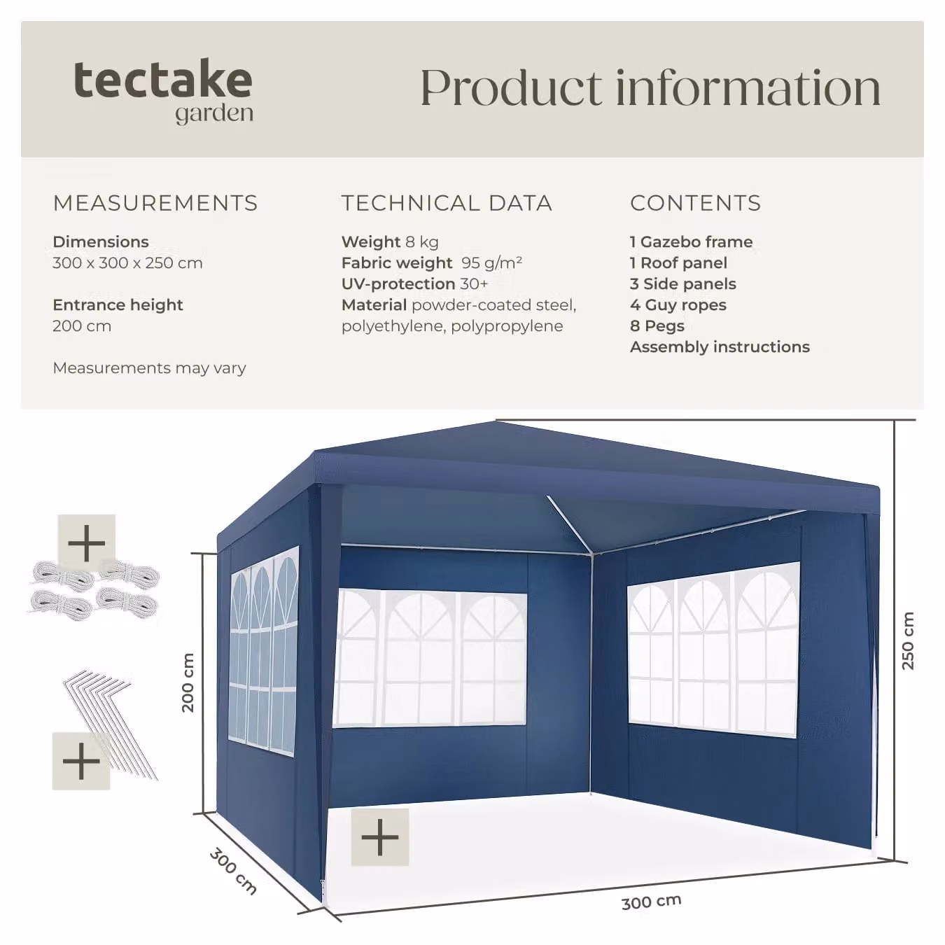 tectake Gazebo Barinas Blue with 3 Side Panels, W: 300 cm, D: 300 cm, H: 250 cm – 6
