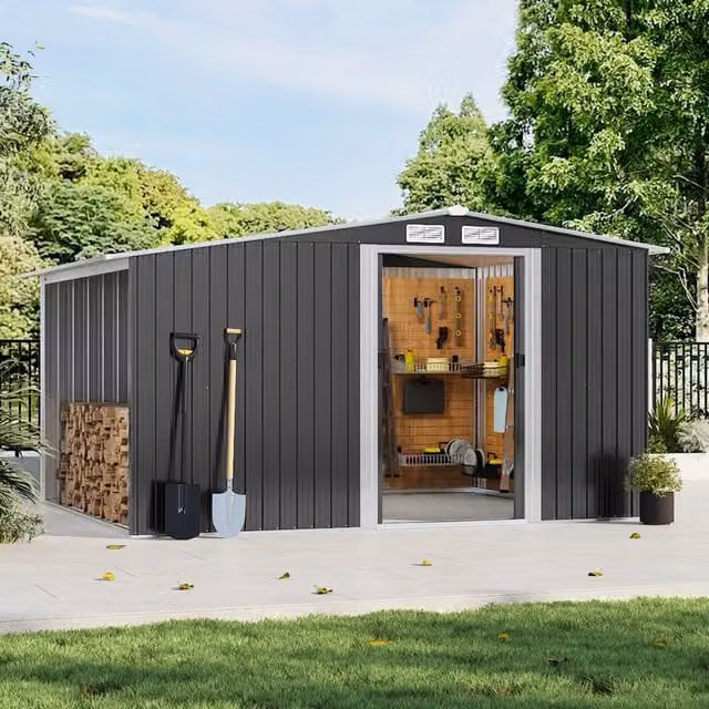 Breeins Metal Pent Garden Shed with Log Store in Black, Height: 207 cm