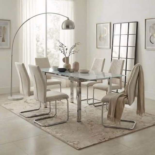 FurnitureboxUK Enna White Glass Extending Dining Table with 6 Cream Fabric Lorenzo Chairs
