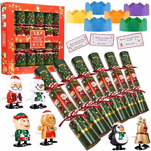 KreativeKraft Luxury Pop Christmas Crackers, Pack of 6 Multicolour Deluxe Xmas Crackers with Wind Up Toys – 1