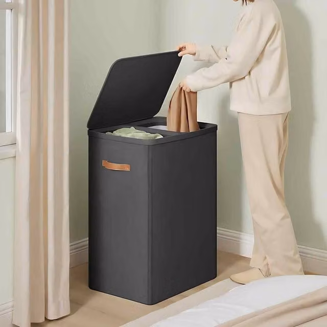 The Bazaarist Double Laundry Hamper with Lid and Removable Liners in Jet Black – 1